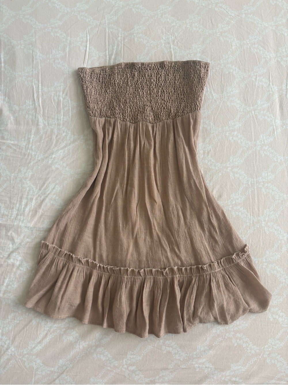 Brown Strapless Smocked Ruffle Hem Dress